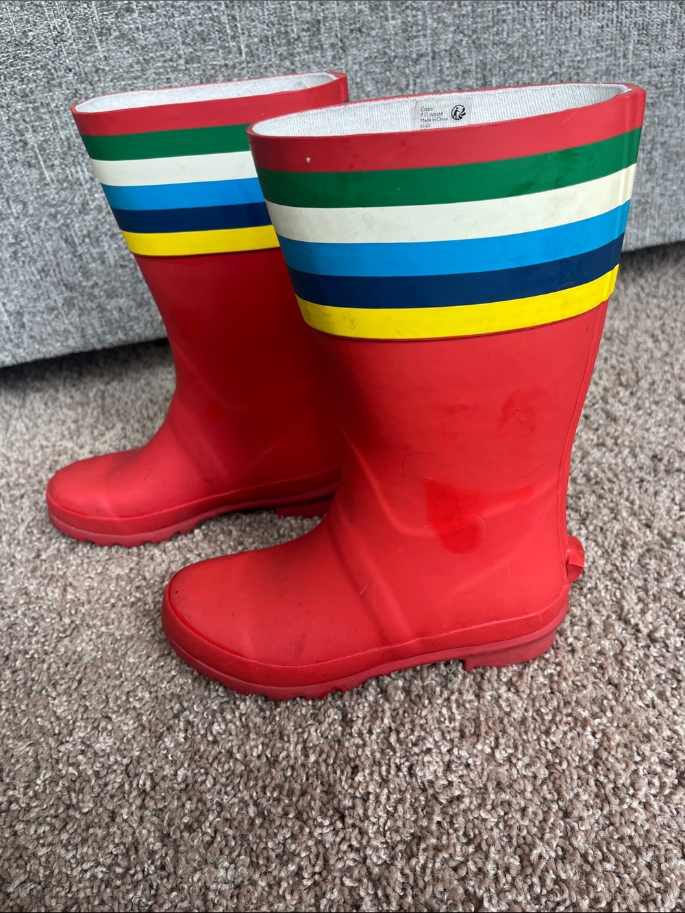 Mini Boden Red Kids Rain Boots with Multicolor Stripes